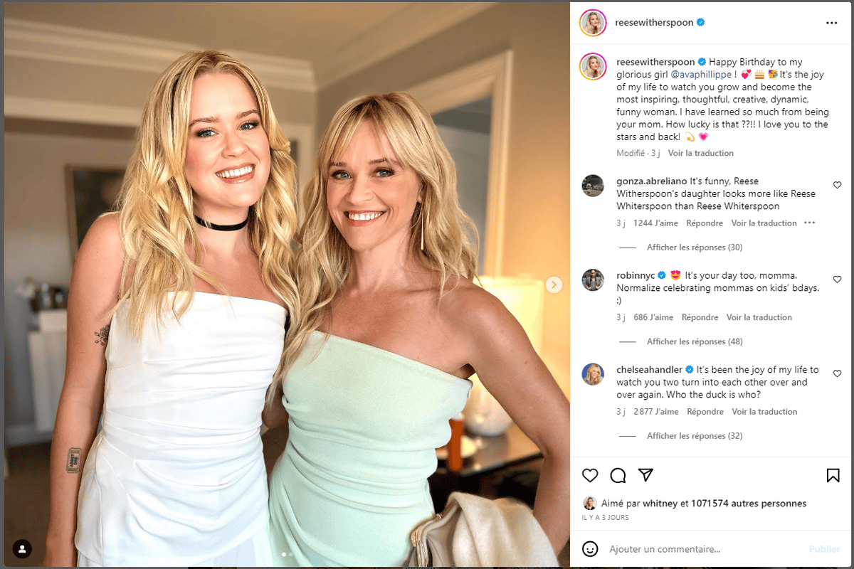 Le 9 septembre dernier, Reese Witherspoon (à dr.) a publié sur son compte Instagram une photo d'elle avec sa fille aînée, Ava, qui fêtait ce jour-là ses 24 ans.