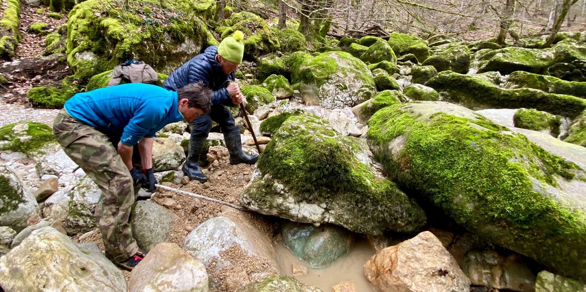 Deux personnes cherchent des pierres près d'un ruisseau dans une forêt couverte de mousse.