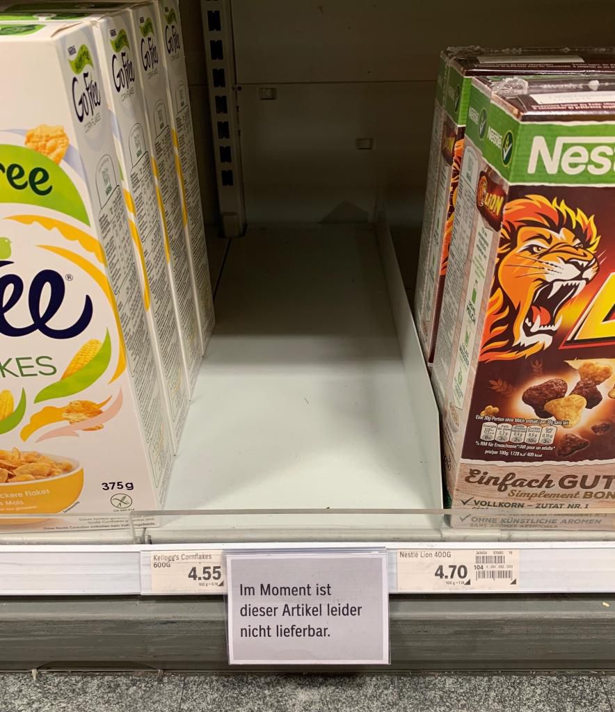 Unter den derzeit nicht erhältlichen Produkten sind Frühstücksflocken von Kellogg's, ... Unter den derzeit nicht erhältlichen Produkten sind Frühstücksflocken von Kellogg's, ...