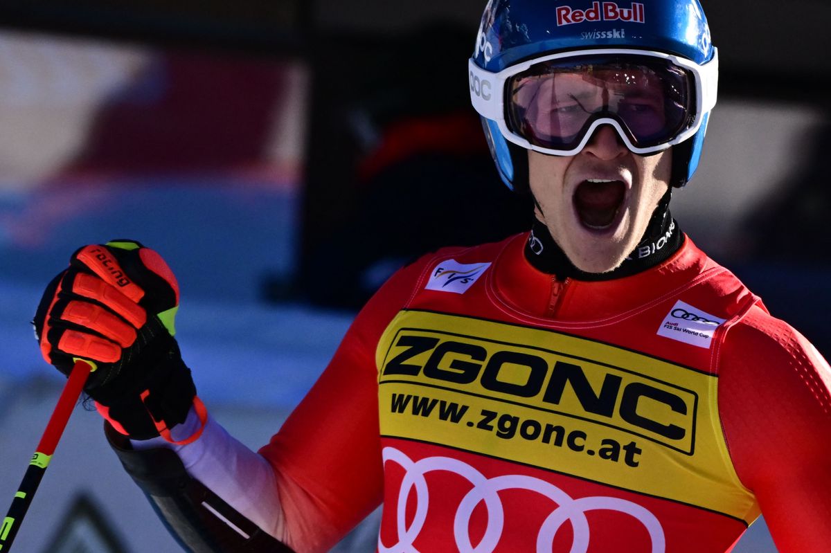 Switzerland's Marco Odermatt reacts after the second run of the men's Giant Slalom, during the FIS Alpine Ski World Cup in Alta Badia on December 18, 2023. (Photo by Tiziana FABI / AFP)