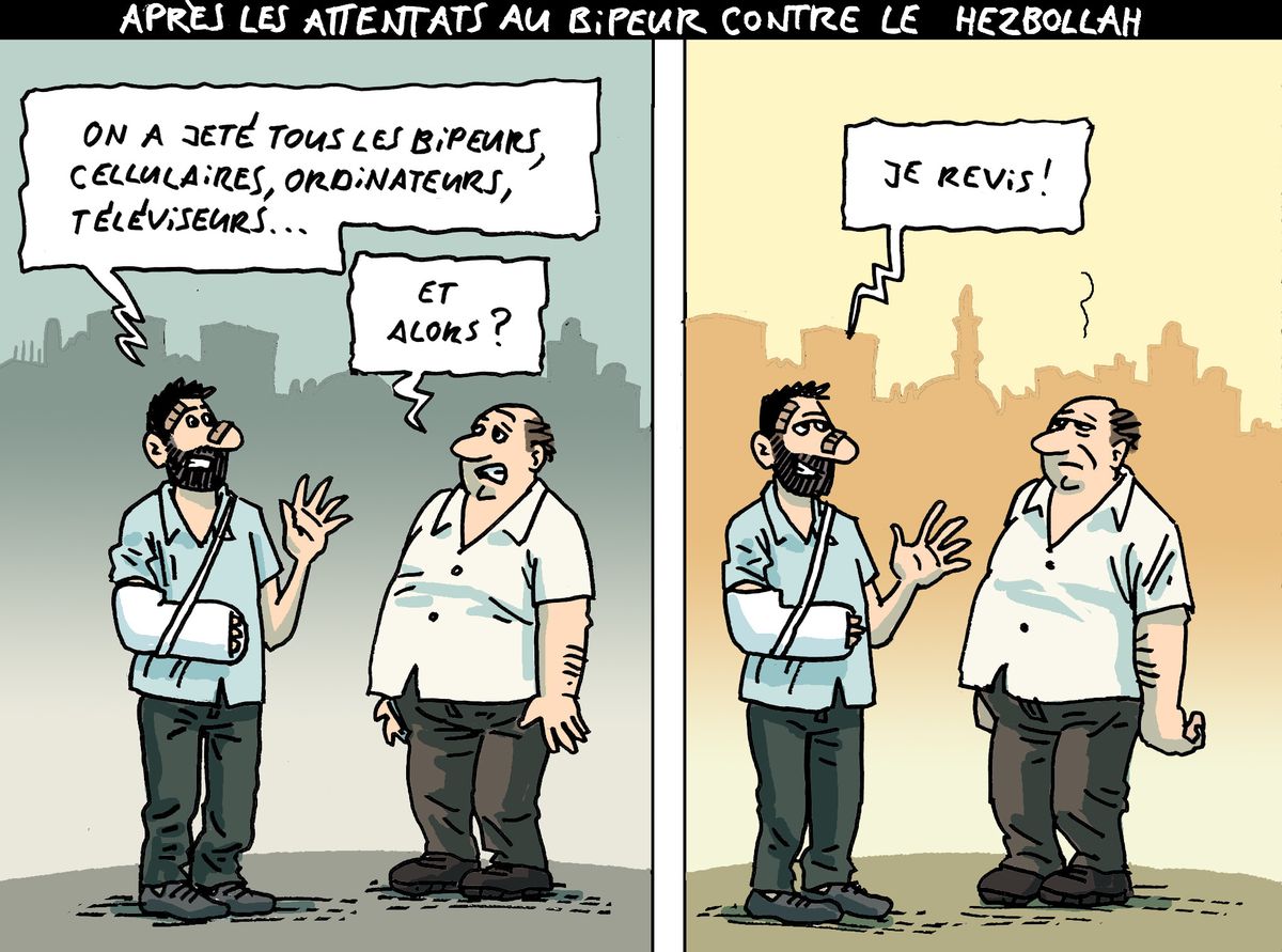 Bande dessinée montrant deux hommes discutant. Premier homme dit avoir détruit tous les bips, téléphones, ordinateurs et télévisions. Deuxième homme demande comment il ira. Deuxième scène montre premier homme avec un signe 'Je revis!'.