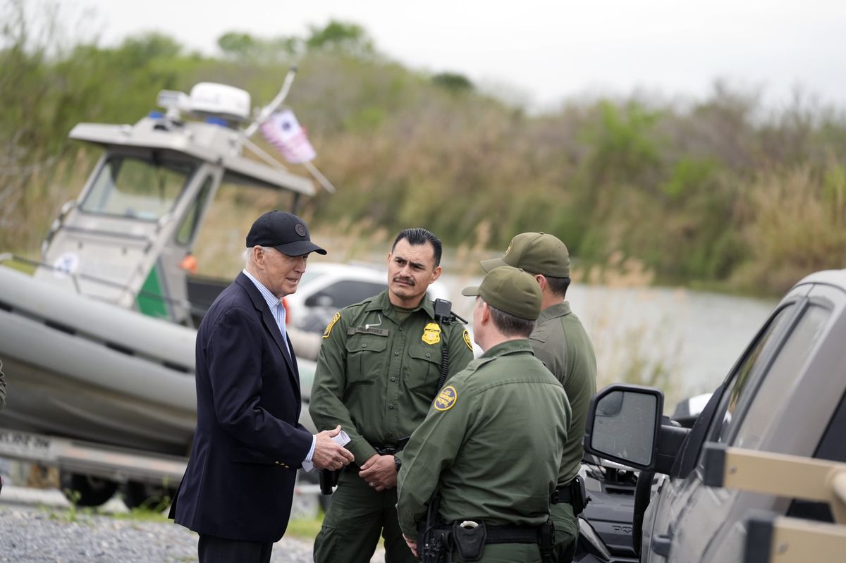 President Joe Biden talks with the U.S. Border Patrol, as he looks over the southern border, Thursday, Feb. 29, 2024, in Brownsville, Texas, along the Rio Grande. (AP Photo/Evan Vucci)
Joe Biden