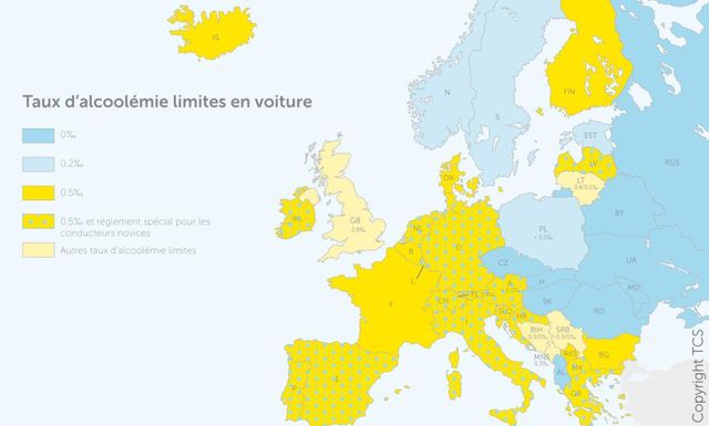 Le Touring Club Suisse a publié une carte qui montre les taux d'alcoolémie autorisés en fonction des pays