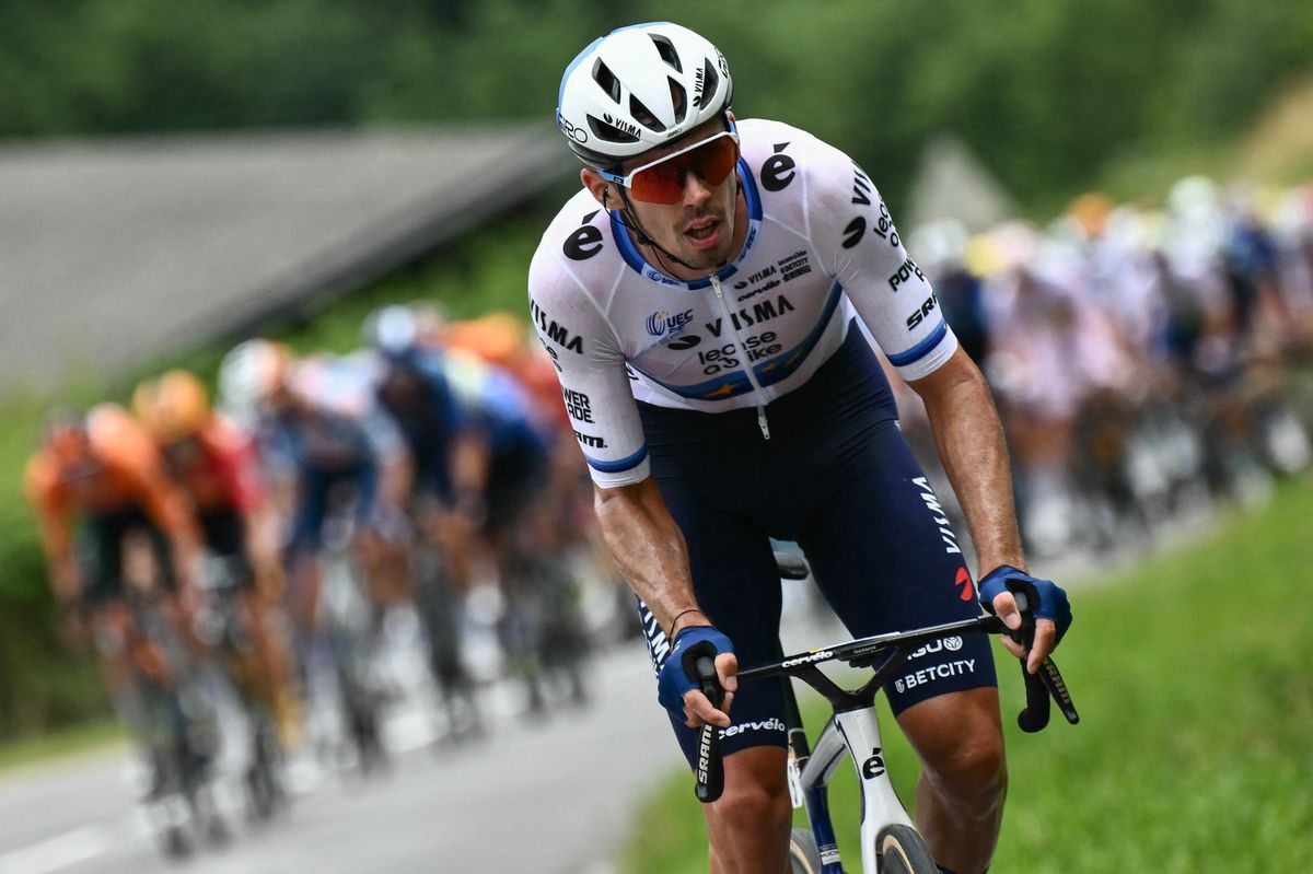 Le coureur français Christophe Laporte de l'équipe Visma - Lease a Bike lors de la 11e étape du Tour de France 2024 entre Évaux-les-Bains et Le Lioran.