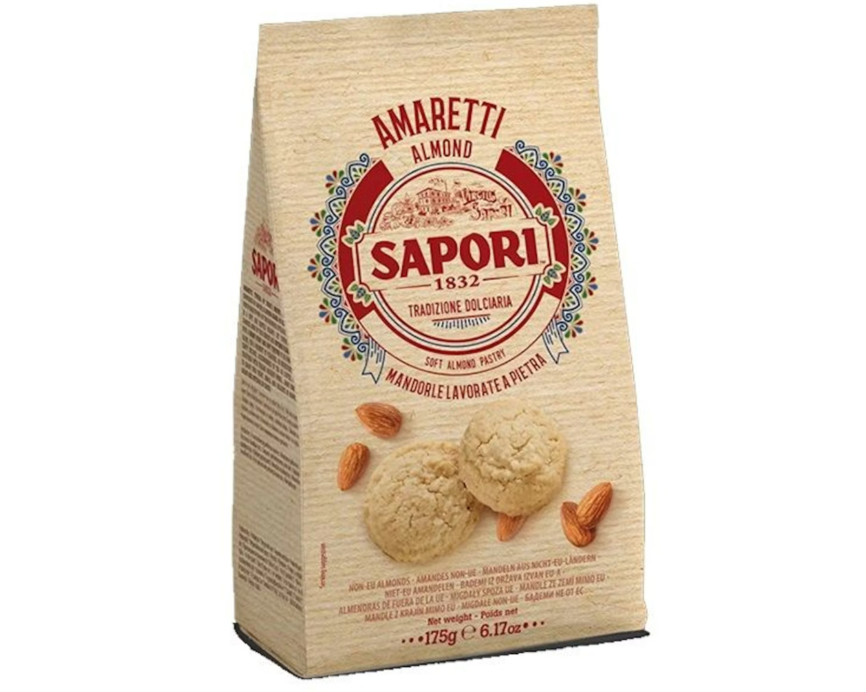 Verpackung von Sapori Amaretti-Mandelkeksen, 175g.