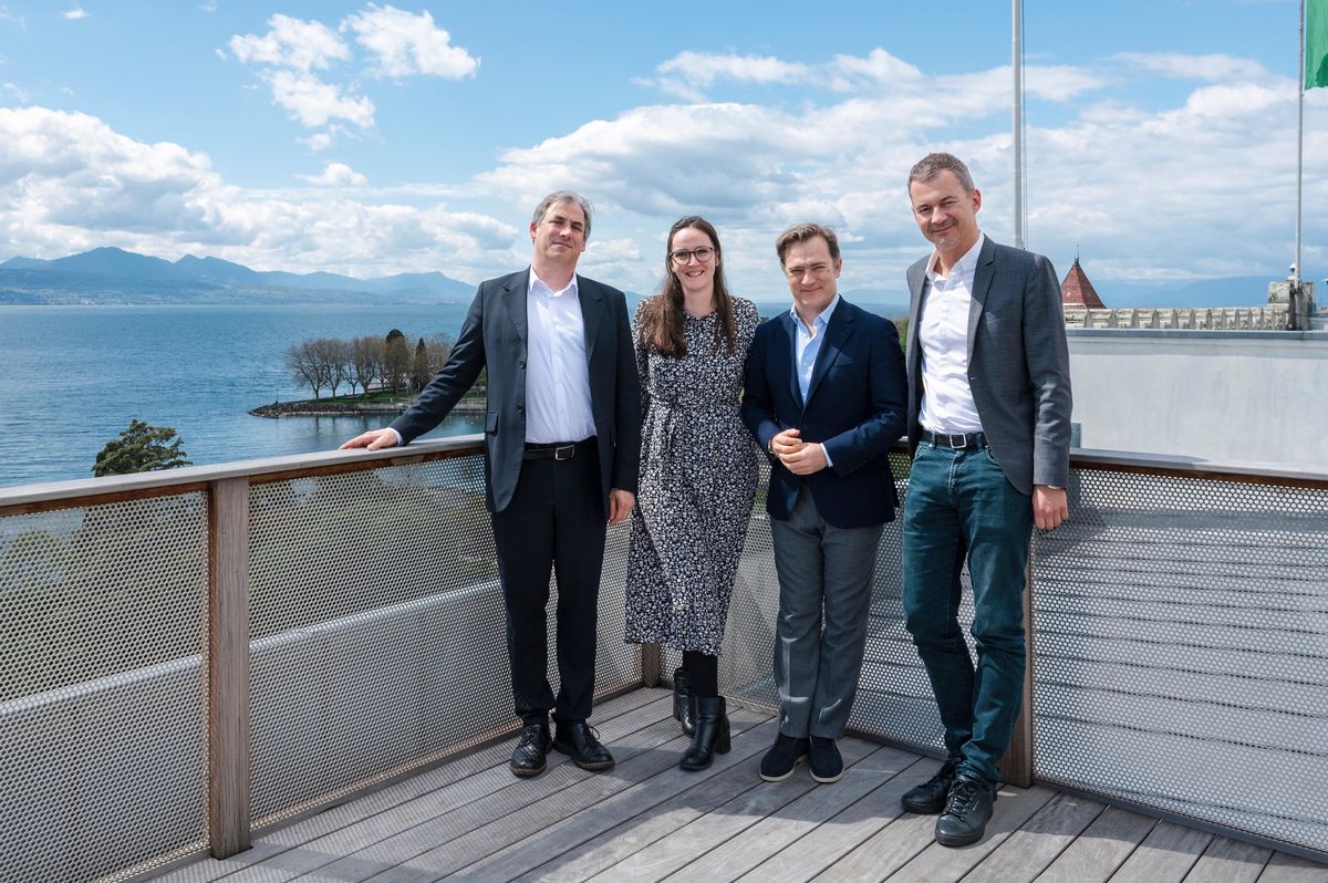 L’équipe de l’OCL lors de la présentation de la saison 2023-2024. De gauche à droite: Anthony Ernst, directeur exécutif, Violaine Contreras de Haro, responsable des activités éducatives et participation culturelle, Renaud Capuçon, directeur artistique, Alexandre Curchod, président sortant.