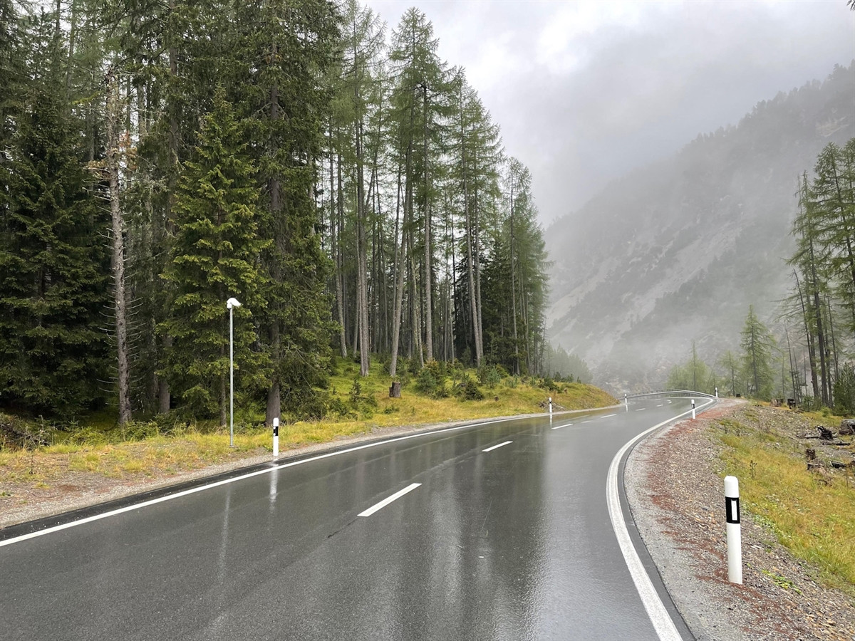 Nasse, kurvenreiche Strasse durch einen Wald bei nebligem Wetter im Frühherbst.