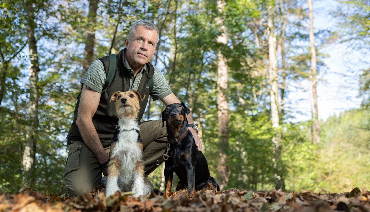Ständeratsporträt mit Lorenz Hess. Lorenz Hess trainiert mit seinen zwei Hunden die Nachsuche.
Foto: Beat Mathys / Tamedia AG. 
