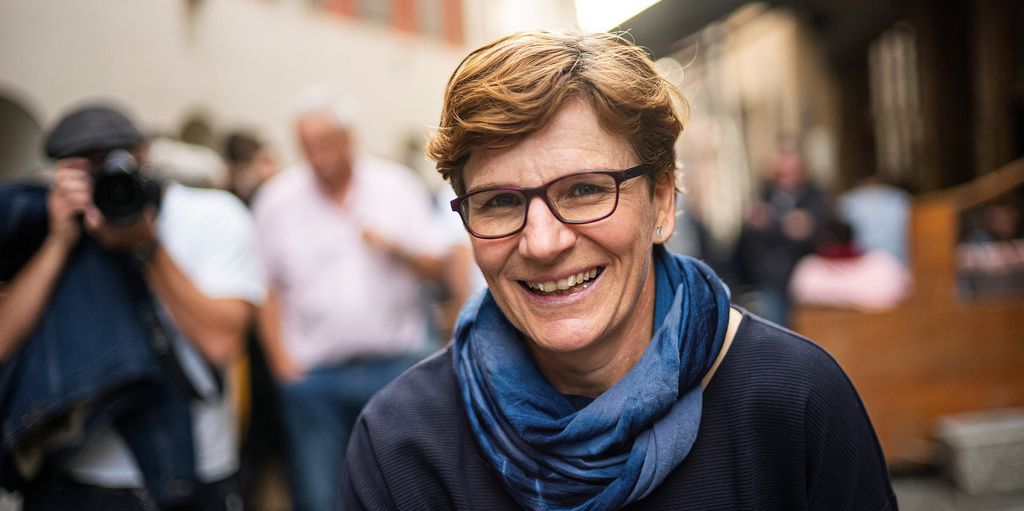 La Verte Brigitte Wolf, candidate aux Conseil des Etats, photographiee a Sion ce dimanche 20 octobre 2019 lors des elections Federales 2019.(KEYSTONE/Olivier Maire)