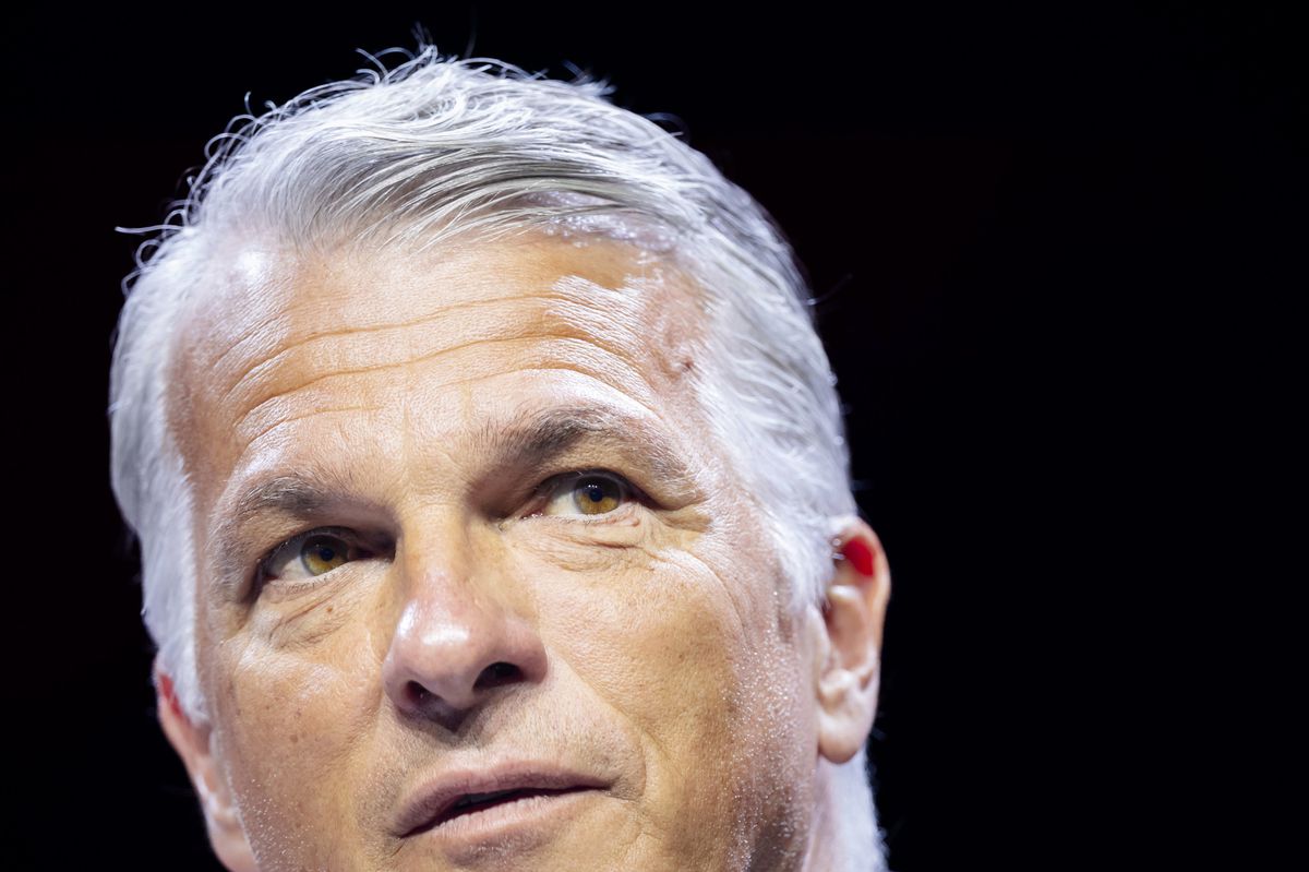 Group Chief Executive Officer of Swiss Bank UBS Sergio P. Ermotti speaks at the Point Zero Forum at the Circle in Zurich, Switzerland on Tuesday June 27, 2023. (KEYSTONE/Michael Buholzer).