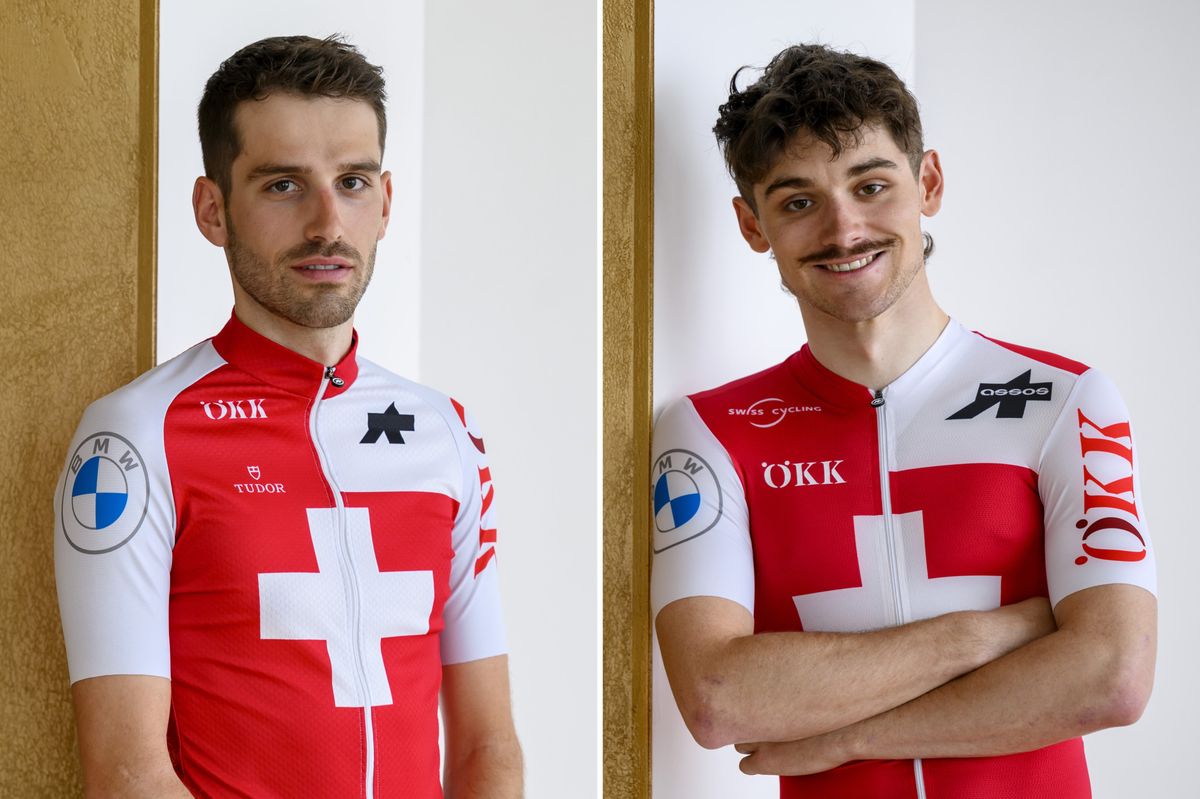 Matteo Constant, le coureur cycliste suisse, pose lors d'une conference de presse de Swiss Cycling avant le Tour de Romandie le lundi 22 avril 2024 a Avry-devant-Pont. (KEYSTONE/Jean-Christophe Bott)