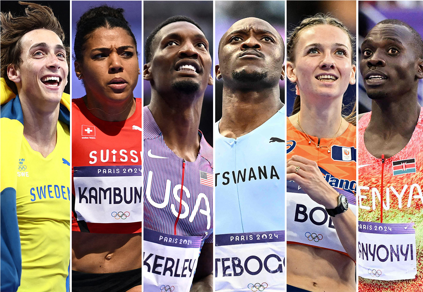 Portraits de six athlètes au championnat Paris 2024, représentant la Suède, la Suisse, les États-Unis, le Botswana, les Pays-Bas et le Kenya.