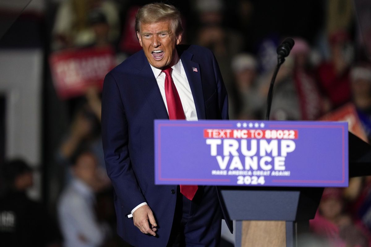 Donald Trump s'exprime lors d'un rassemblement de campagne à Greenville, en Caroline du Nord, avec une pancarte indiquant 'Trump Vance 2024'.