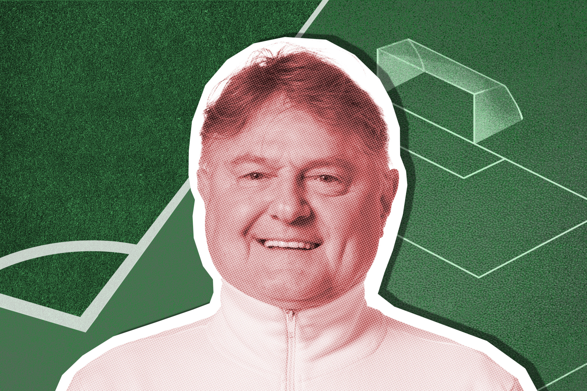 Ancillo Canepa, der Präsident des FC Zürich, vor grünem Fussballfeld-Hintergrund mit Tor-Illustration
