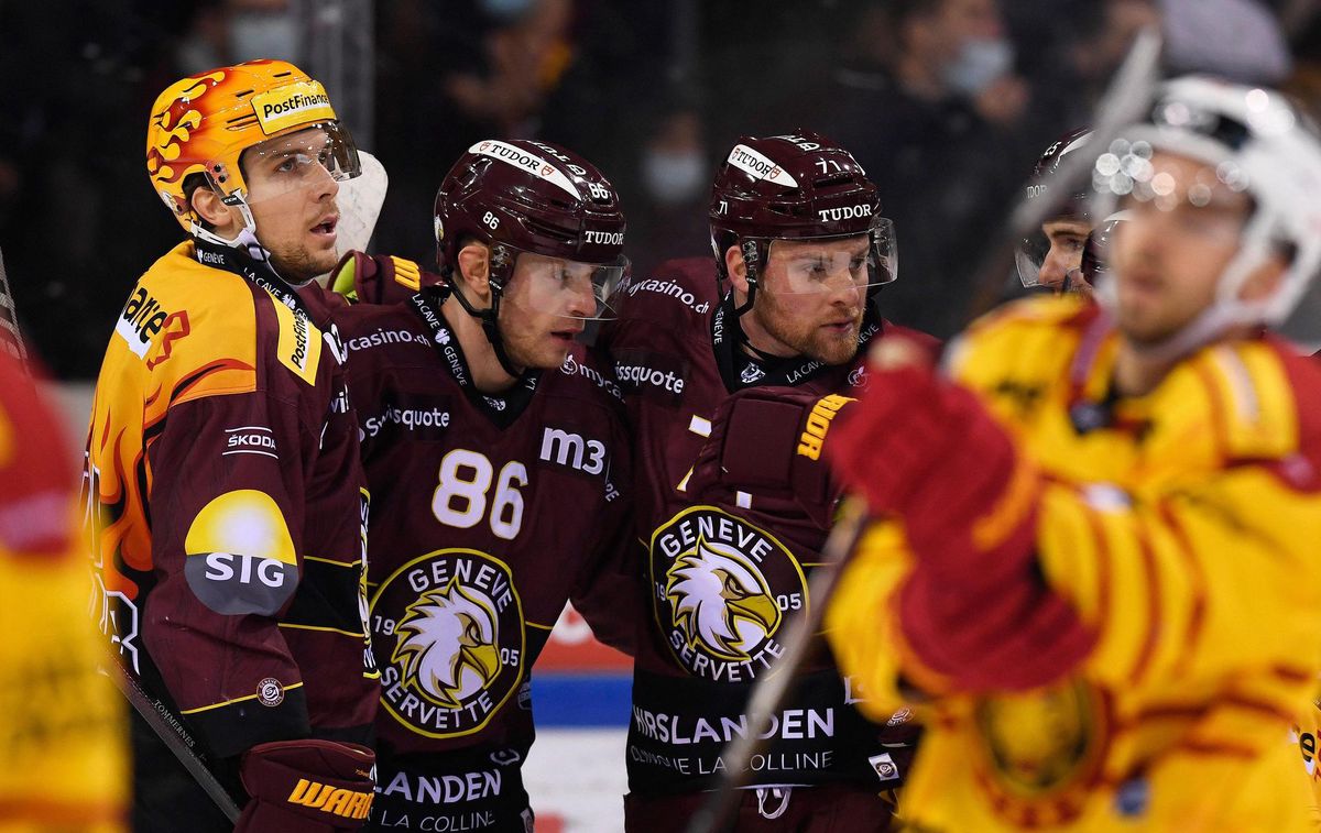 Joel Vermin (au centre), Henrik Tömmernes (à gauche) et Tanner Richard se sont montrés autoritaires et efficaces, vendredi soir aux Vernets face à Langnau.