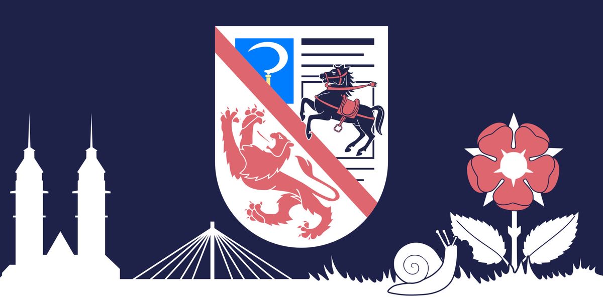 Das Bild zeigt ein Logo aus verschieden Tieren und Symbolen von Gemeindewappen. Als Silhouette sind die Türme der Stadtkirche Winterthur sowie der Storchenbrücke zu sehen.