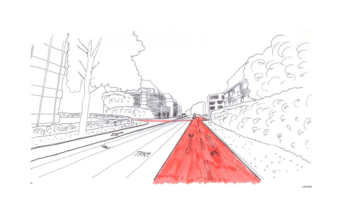 Voici à quoi pourrait ressembler la Winterthurerstrasse à Zurich: Tout à gauche, une voie pour les voitures (avec une flèche), à droite, en rouge, une double voie pour les vélos électriques, les vélos standards et les trottinettes, et entre les deux, deux voies de tramway.