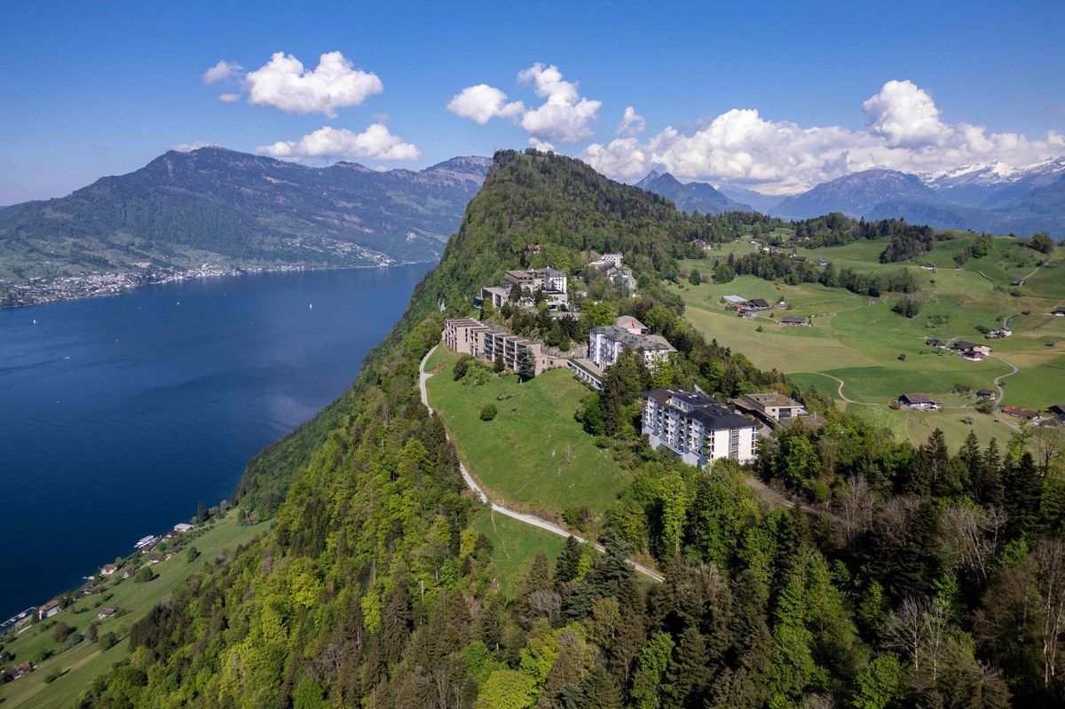 An aerial picture taken on May 10, 2024, shows the Burgenstock resort above Lake Lucerne that will host a peace conference for Ukraine on June 15-16, 2024. Switzerland has invited more than 160 delegations to next month's Ukraine peace conference, the Foreign Ministry said on May 2, 2024, though Russia is not among them "at this stage". (Photo by Fabrice COFFRINI / AFP)