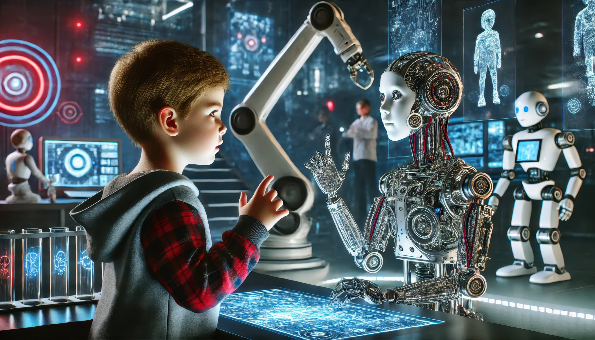 Ein Kind spielt mit einem KI-Roboter in einem futuristischen Spielzimmer.