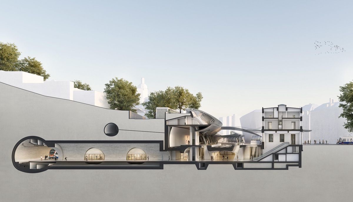 Querschnitt durch den Bahnhof Stadelhofen mit dem vierten Gleis im Berg.