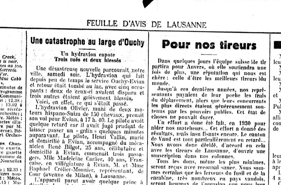 Extrait de la «Feuille d’Avis de Lausanne» du lundi 4 août 1930, deux jours après l’accident
