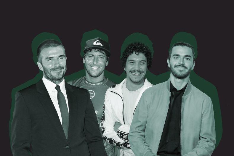 De g. à d.: David Beckham, le surfeur Jérémy Florès, les auteurs Thomas Goldberg et Panayotis Pascot.