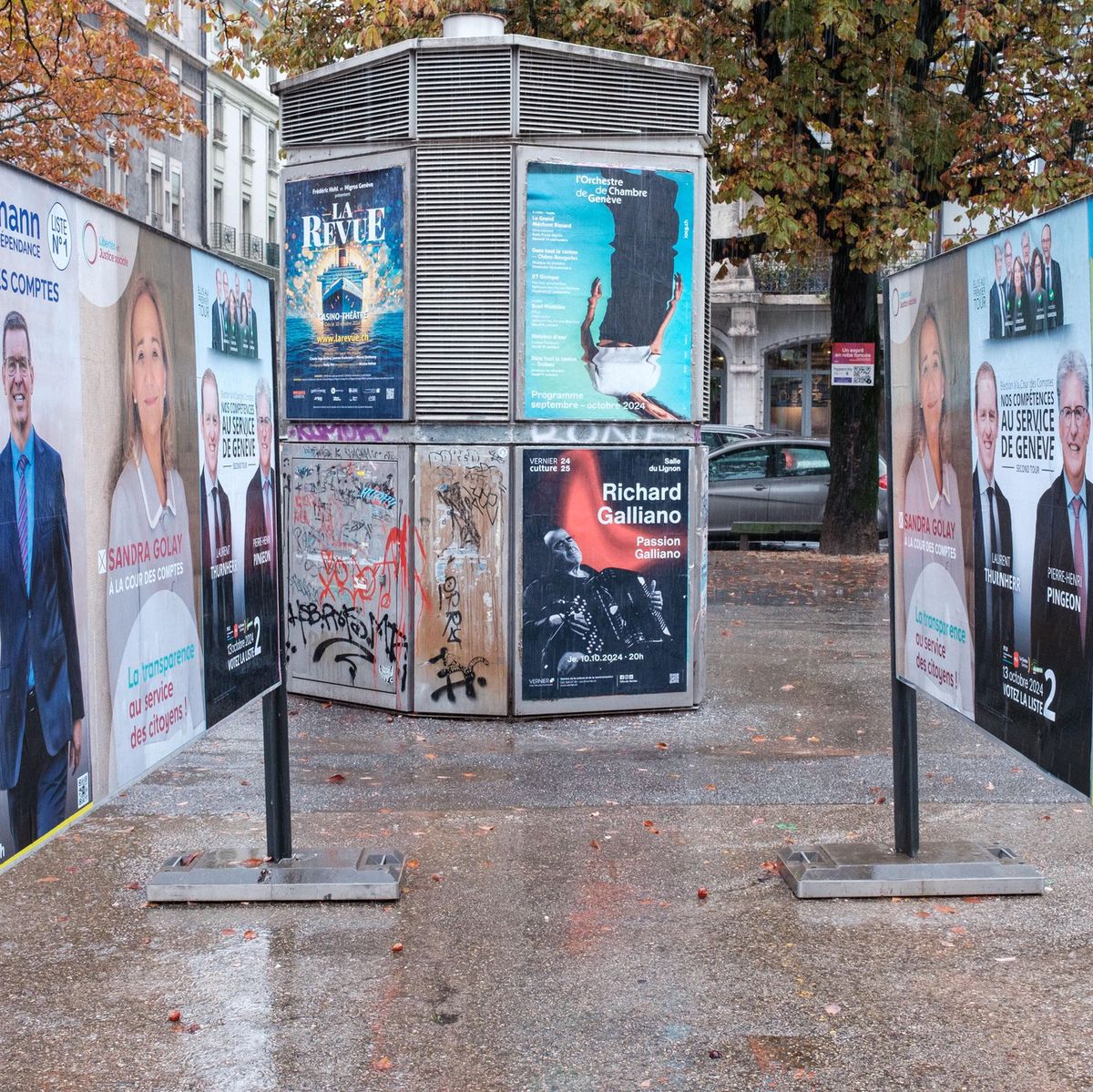 Affiches électorales à Genève pour le deuxième tour de l’élection des magistrats à la cour des comptes, 8 octobre 2024.