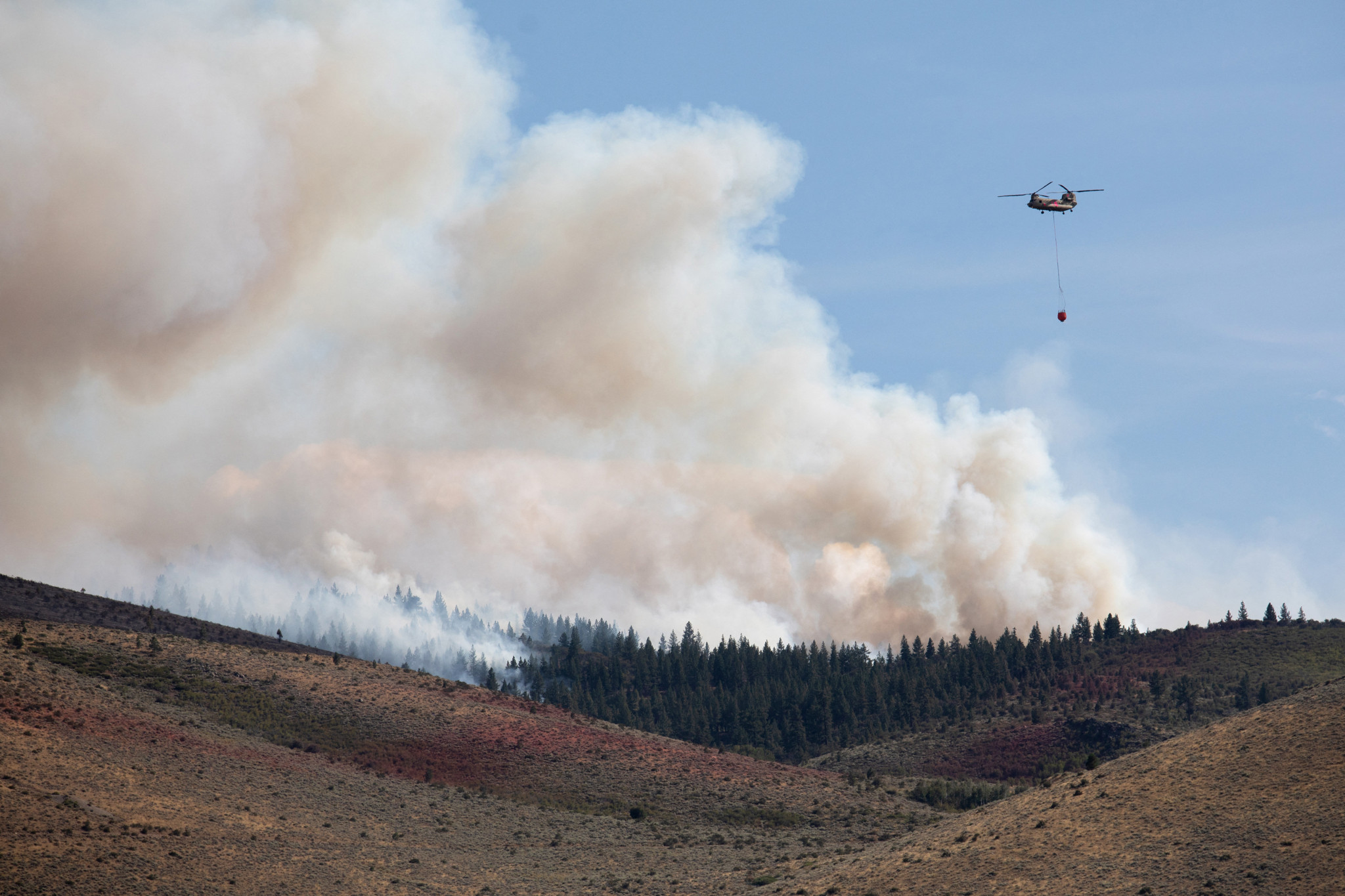Löschhubschrauber bekämpft den Hawk Fire in Reno, Nevada, der im August 2026 von den Sierra-Ausläufern auf die Stadt übergriff.