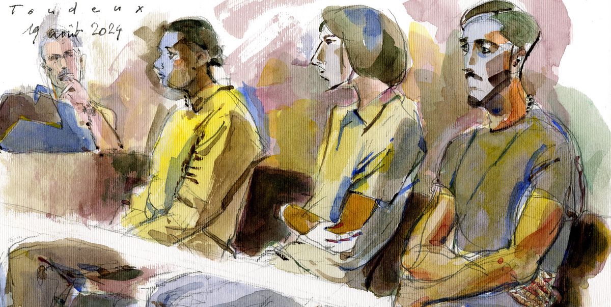 Illustration de plusieurs accusés lors d'un procès, réalisée le 19 avril 2024 par Tozeux.