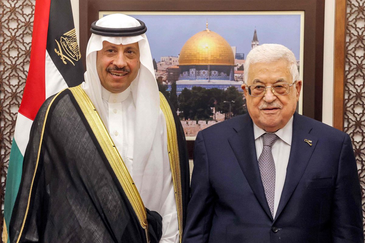 This handout picture provided by the Palestinian Authority's press office (PPO) shows Palestinian president Mahmud Abbas (R) receiving the credentials of Saudi Arabia's Ambassador to Palestine Nayef bin Bandar al-Sudairi at the former's office in Ramallah in the occupied West Bank on September 26, 2023. (Photo by Thaer GHANAIM / PPO / AFP) / === RESTRICTED TO EDITORIAL USE - MANDATORY CREDIT "AFP PHOTO / HO / PPO " - NO MARKETING NO ADVERTISING CAMPAIGNS - DISTRIBUTED AS A SERVICE TO CLIENTS ===