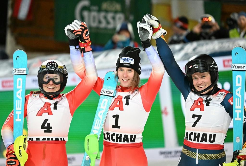 Trois skieuses sur le podium du slalom féminin à Flachau le 14 janvier 2025, levant les bras en signe de victoire : Wendy Holdener (2e), Camille Rast (1re) et Sara Hector (3e).