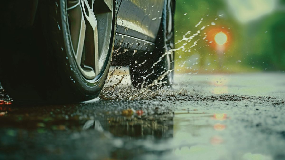 Closeup of dark car's tire splashes through a puddle after the rain. Reflection on the dark asphalt. Dynamic motion, blurred background.