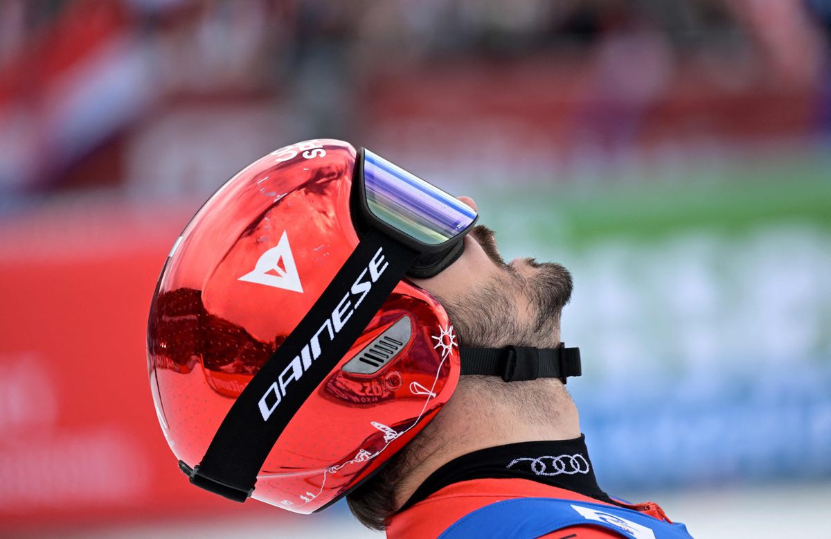 Switzerland's Loic Meillard reacts after his second run of the men's Giant Slalom event of FIS Ski Alpine World Cup in Saalbach, Austria on March 16, 2024. (Photo by Joe Klamar / AFP)