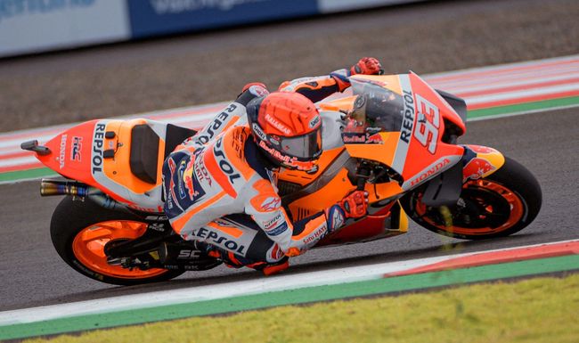 Repsol Honda Team’s Spanish rider Marc Marquez competes during the free practice session for the Indonesian Grand Prix MotoGP race at the Mandalika International Circuit at Kuta Mandalika in Central Lombok on March 18, 2022. (Photo by BAY ISMOYO / AFP)