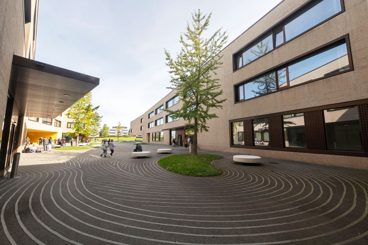 Cour du gymnase intercantonal de la Broye à Payerne avec des arbres, des bancs et des motifs circulaires au sol.