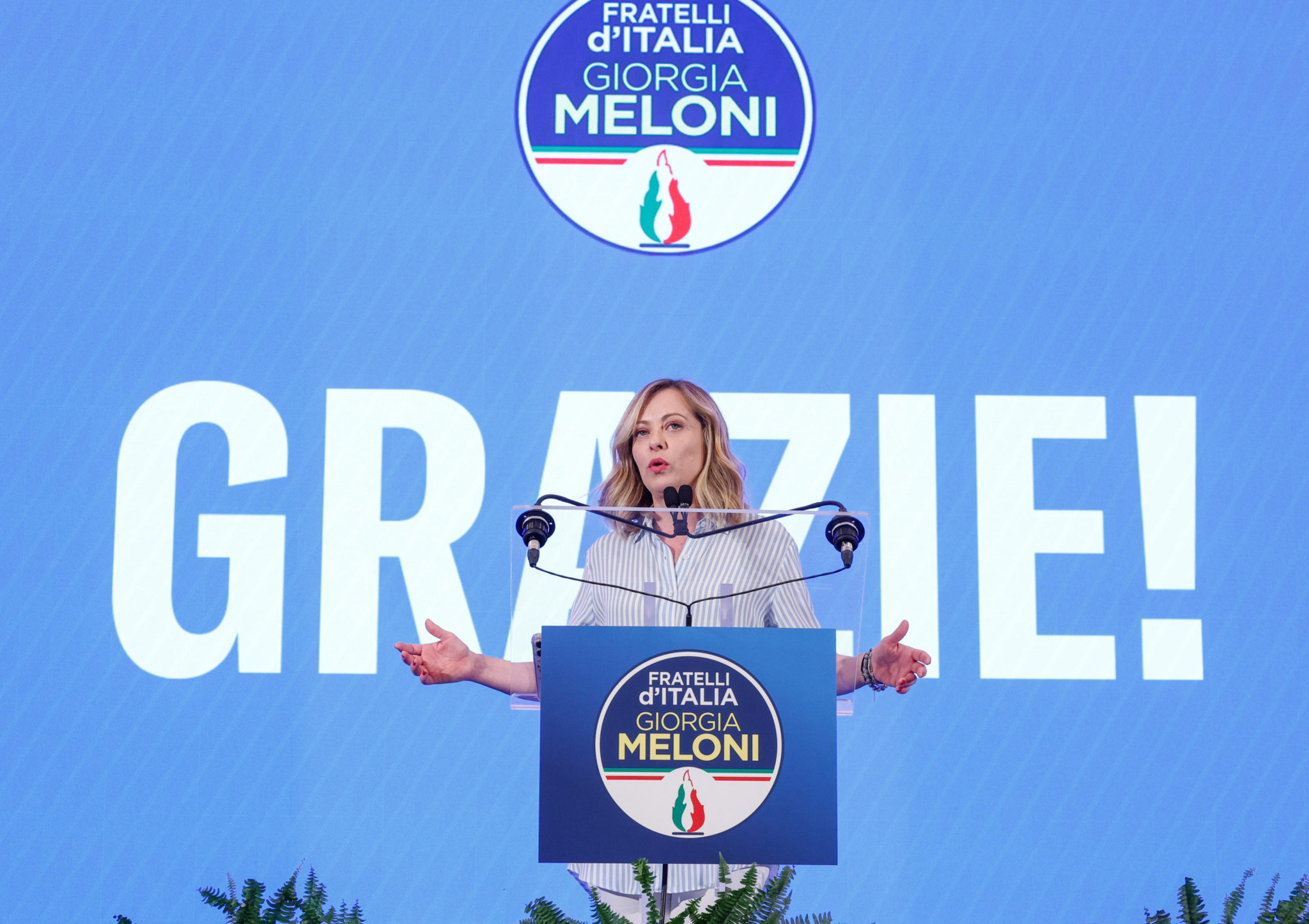epa11401469 Italian Prime Minister Giorgia Meloni speaks to journalists about the European Parliament election at the headquarters of the Brothers of Italy (Fratelli d'Italia) in Rome, Italy, 09 June 2024 (issued 10 June 2024).  EPA/GIUSEPPE LAMI