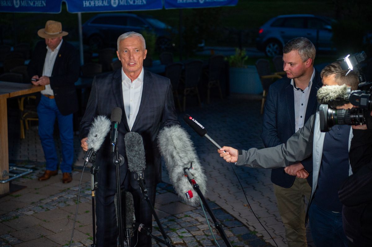 NORDHAUSEN, THURINGIA - SEPTEMBER 24: Joerg Prophet, mayoral candidate for the right-wing Alternative for Germany (AfD) political party holds a press conference after learning that the existing vote share so far declared means he cannot win the election to become Mayor of Nordhausen in Thuringia on September 24, 2023 in Nordhausen, Germany. A win for the AfD would of meant that for the first time the party would gain control of a district town. (Photo by Craig Stennett/Getty Images)