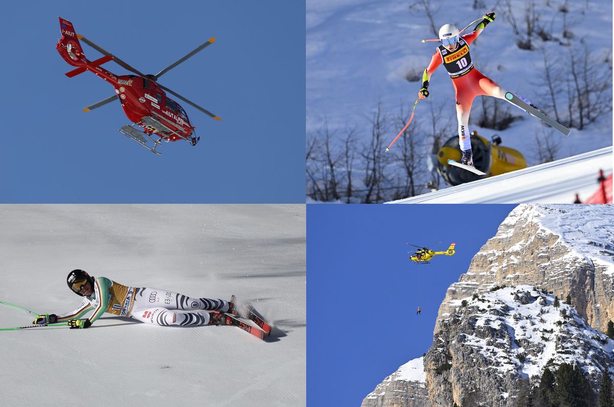 Un hélicoptère, un skieur en difficulté, un skieur après une chute et un autre hélicoptère.