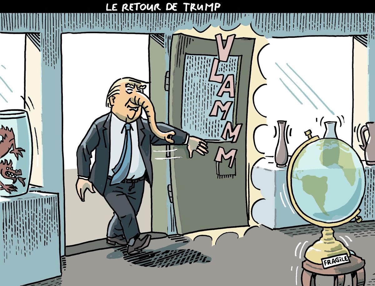 Caricature humoristique montrant un homme avec une trompe d’éléphant entrant bruyamment dans une pièce, avec un globe marqué ’fragile’.