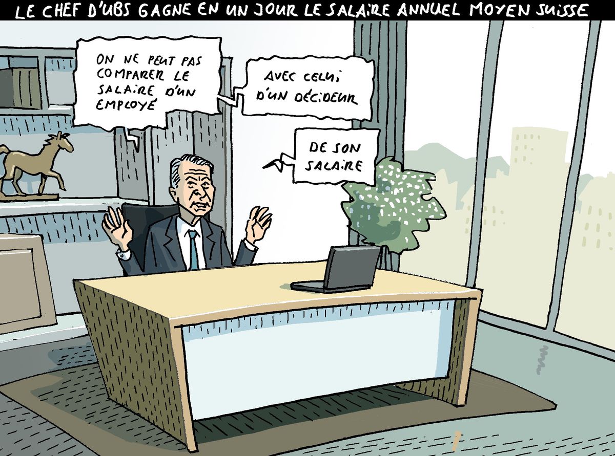 Caricature d'un dirigeant d'UBS assis à son bureau, expliquant sur un tableau qu'on ne peut pas comparer le salaire d'un employé avec celui d'un décideur. L'image indique que le chef d'UBS gagne en un jour le salaire annuel moyen suisse.