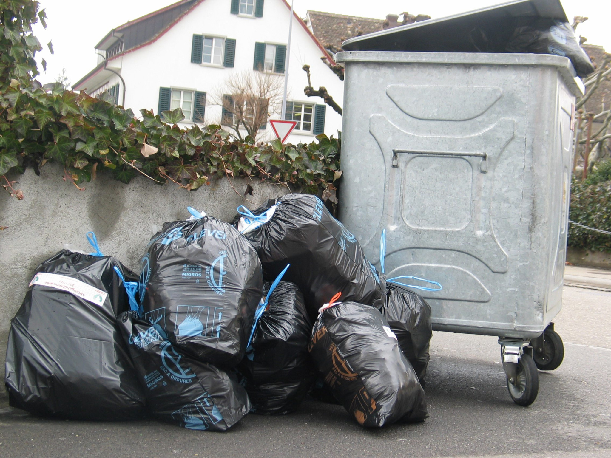 Mehrere schwarze Müllsäcke vor einem grossen Metallcontainer in Adliswil im März 2009.