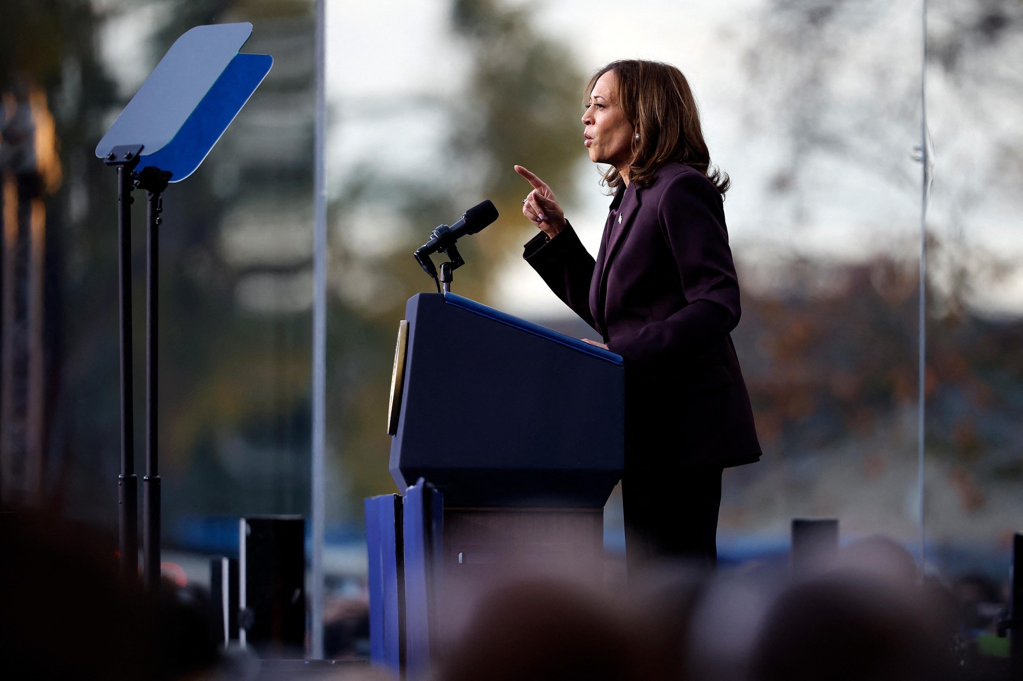 WASHINGTON, DC - NOVEMBER 06: Democratic presidential nominee, U.S. Vice President Kamala Harris speaks on stage as she concedes the election, at Howard University on November 06, 2024 in Washington, DC. After a contentious campaign focused on key battleground states, the Republican presidential nominee, former U.S. President Donald Trump was projected to secure the majority of electoral votes, giving him a second term as U.S. President. Republicans also secured control of the Senate for the first time in four years.   Kevin Dietsch/Getty Images/AFP (Photo by Kevin Dietsch / GETTY IMAGES NORTH AMERICA / Getty Images via AFP)