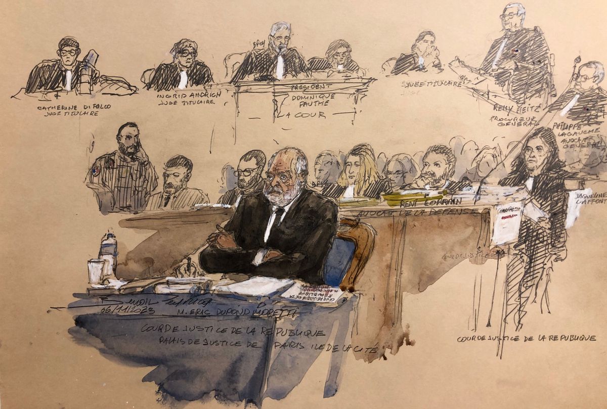 This court sketch made on November 6, 2023 shows French Justice Minister Eric Dupond-Moretti attending his trial over alleged conflicts of interest and abuse of office in Paris. Dupond-Moretti faces a special tribunal, the "Court of Justice of the Republic", established to try cases of ministerial misconduct. It is the first time a sitting member of the French government has appeared before the body. (Photo by Benoit PEYRUCQ / AFP) / ----IMAGE RESTRICTED TO EDITORIAL USE - STRICTLY NO COMMERCIAL USE-----