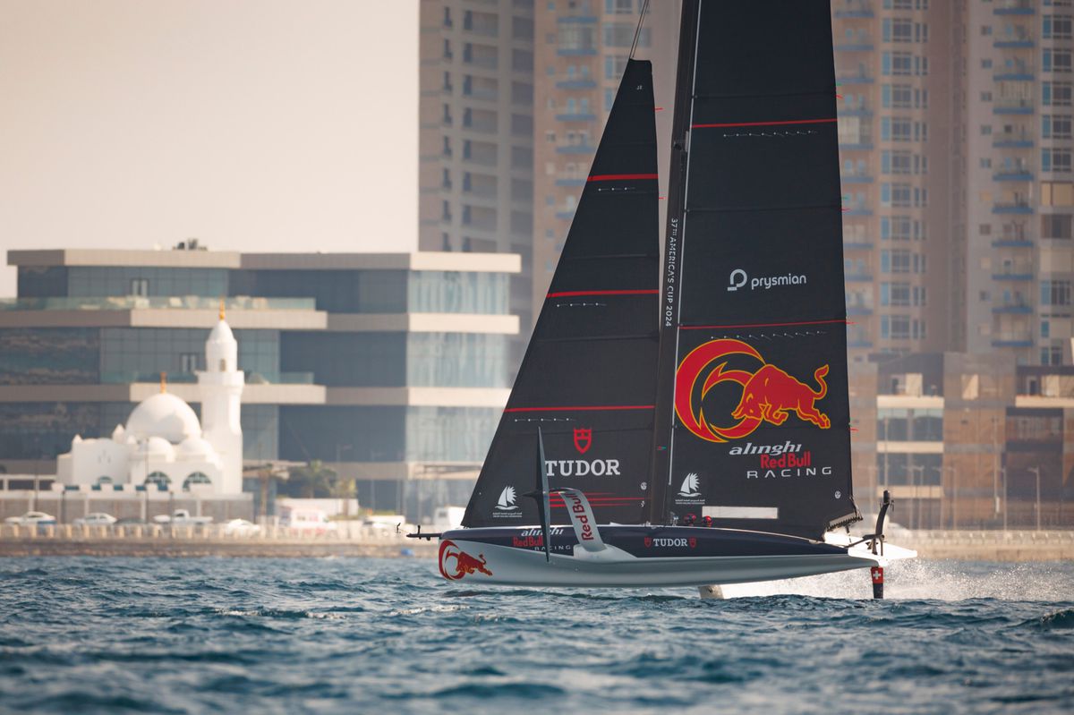 Alinghi Red Bull Racing of Switzerland with Arnaud Psarofaghis, Maxime Bachelin behind the helm and Bryan Mettraux, Yves Detrey as flight controllers compete during the AC37 Preliminary Regatta in Jeddah, Saudi Arabia on November 29, 2023. // Samo Vidic / Alinghi Red Bull Racing / Red Bull Content Pool // SI202311293895 // Usage for editorial use only // 