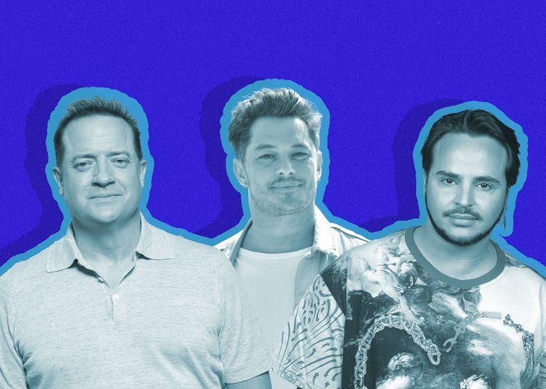 Trois hommes sur un fond bleu, chacun avec un style unique.