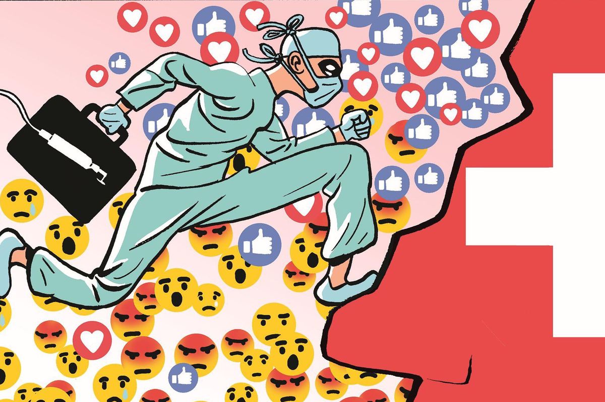 Illustration d’un médecin en tenue de chirurgie et masque courant avec une valise à travers un paysage numérique rempli d’icônes d’émotions, en direction d’un mur représentant le drapeau suisse.