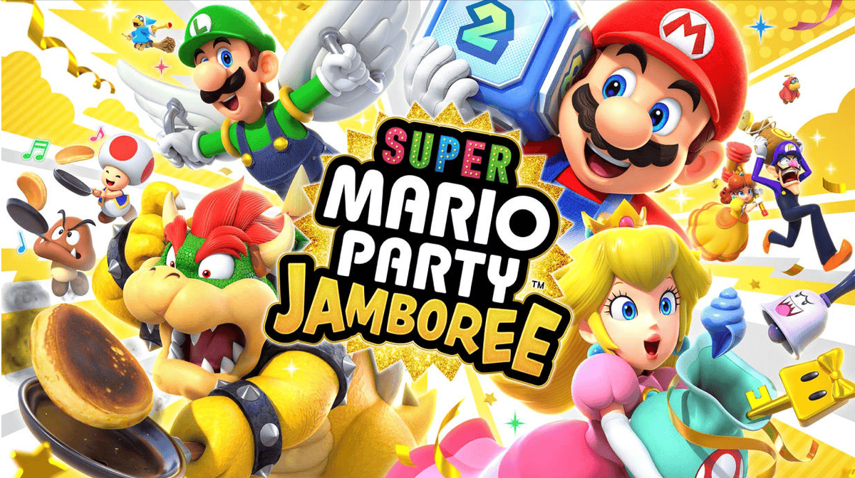 Personnages de Nintendo dans un jeu festif coloré, intitulé 'Super Mario Party Jamboree', avec Mario, Luigi, Bowser et Peach.