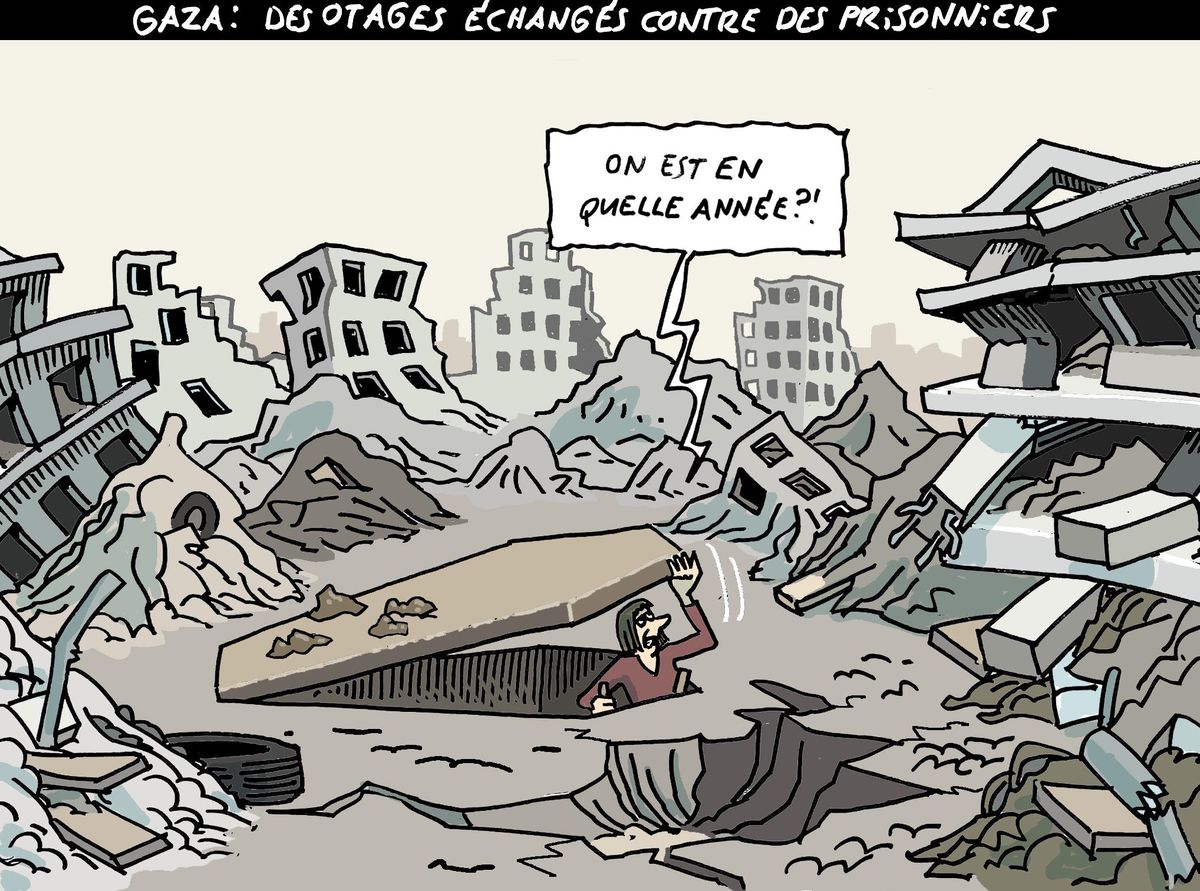 Dessin humoristique montrant un paysage de ruines à Gaza avec un personnage sortant des décombres demandant ’On est en quelle année ?!’. Le titre en haut de l’image dit : ’Gaza : des otages échangés contre des prisonniers’.