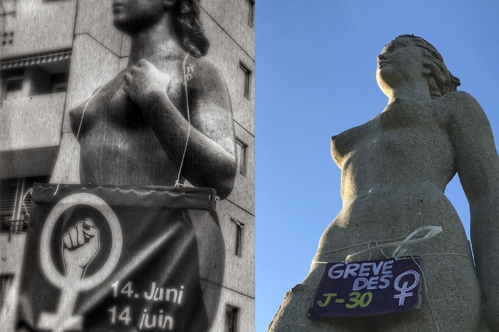 Des statues se parent de mauve, un mois avant la grève des femmes