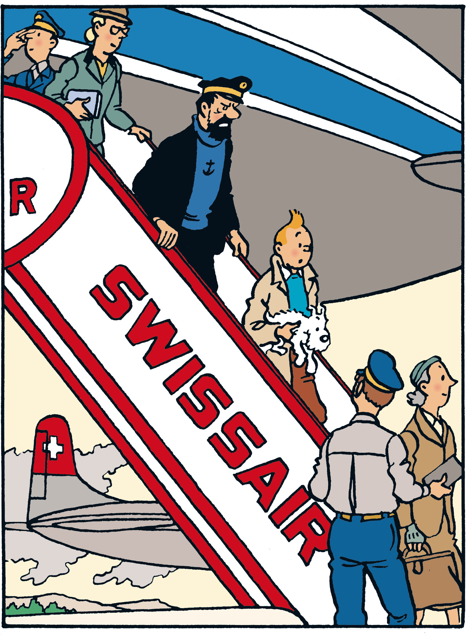 Tintin descend d'un avion Swissair.
